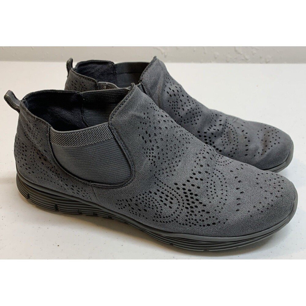 Skechers Ankle Boot Shoes Slip Ons Womens 9.5 Gray Perforated Suede Casual Dress